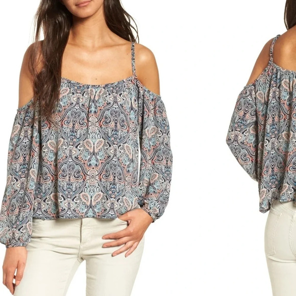 NWT Cupcakes and Cashmere Paisely Boho Print Cold Shoulder Top S - Picture 1 of 7